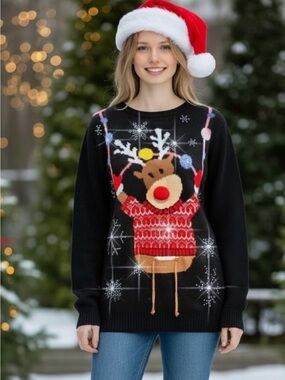 Ugly Christmas Sweater Reindeer Dangling Legs Sz L Rhinestone Blizzard Snowflake